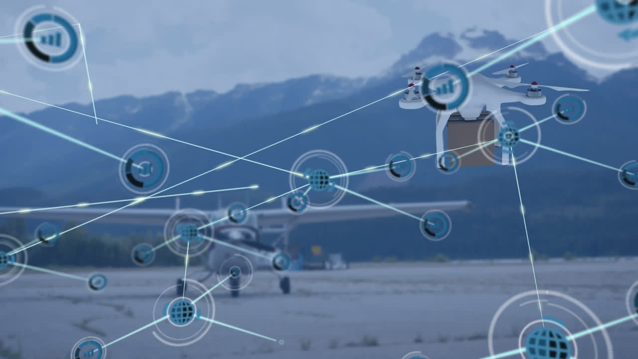 드론과 비행기를 통해 아이콘으로 연결된 네트워크의 애니메이션