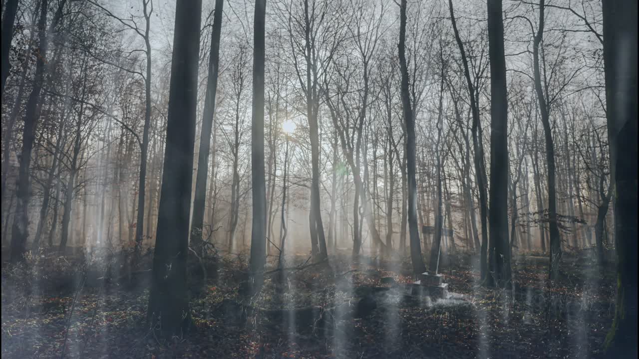 Zapętlona animacja: Straszny las z nagrobkiem.