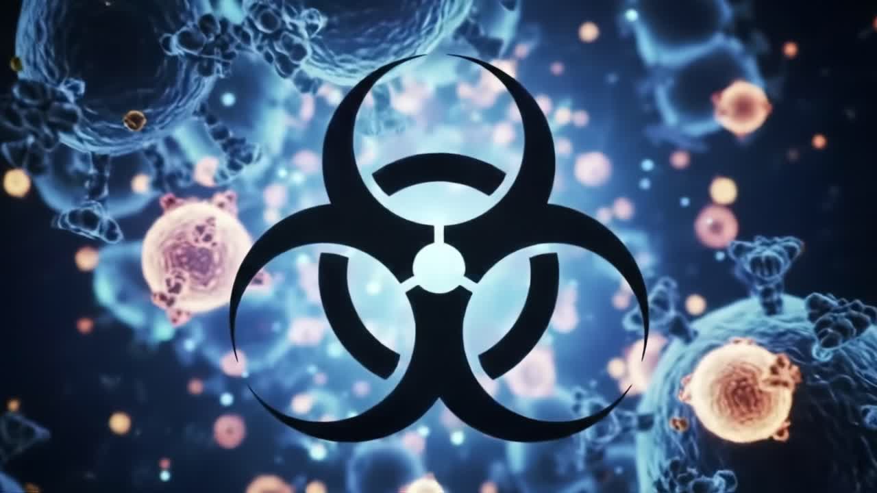 Visual Representation of Biohazard Symbols Highlighting Biological Threats in Microscopic Cellular Environments, Emphasizing the Importance of Safety in Biohazardous Situations