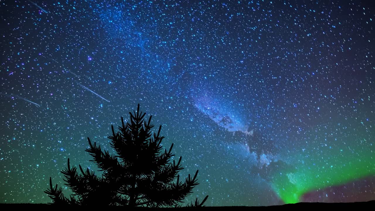 A mesmerizing time-lapse video of the night sky, capturing the Milky Way and aurora borealis