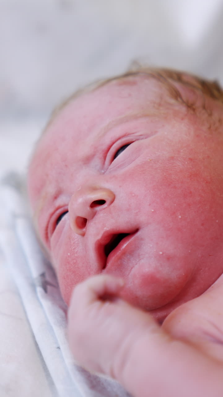 Naked pink Caucasian newborn lying on the back. Lovely baby opening eyes and mouth. Close up. Vertical video