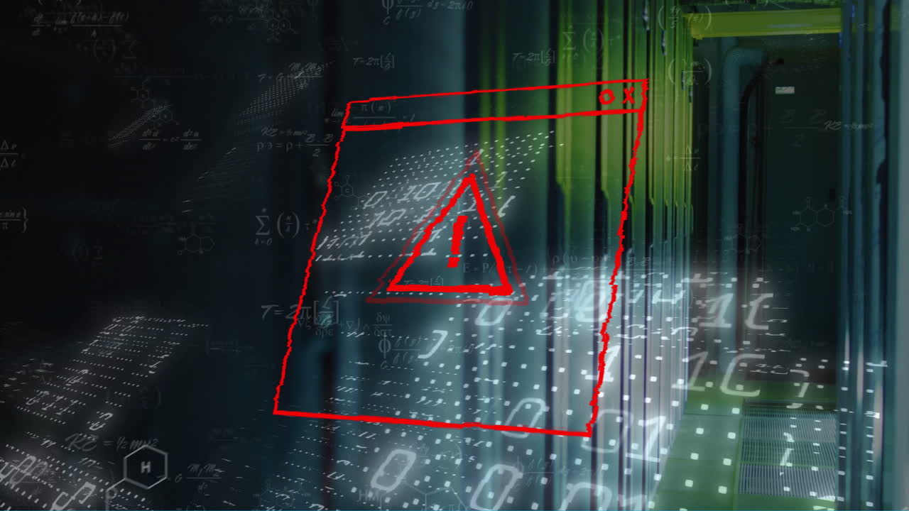 animación de texto de virus, codificación binaria y procesamiento de datos a través de servidores informáticos