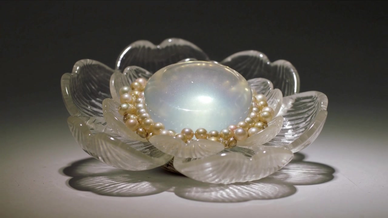 Luce da studio mutevole che illumina un piatto a forma di loto satinato su un tavolo, rivelando una cupola azzurra con anello di perle