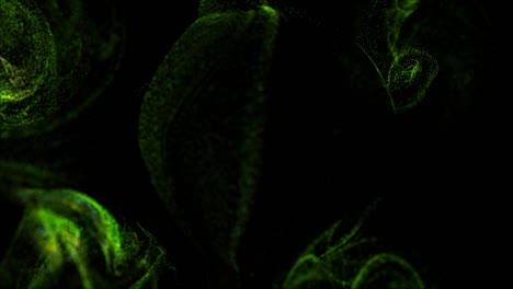 corriente de partículas luminosas verdes bajo el agua en fondo negro corre en un campo esférico, lugar para su texto, logotipo. canal alfa como luma mate. efecto de tinta de advección.