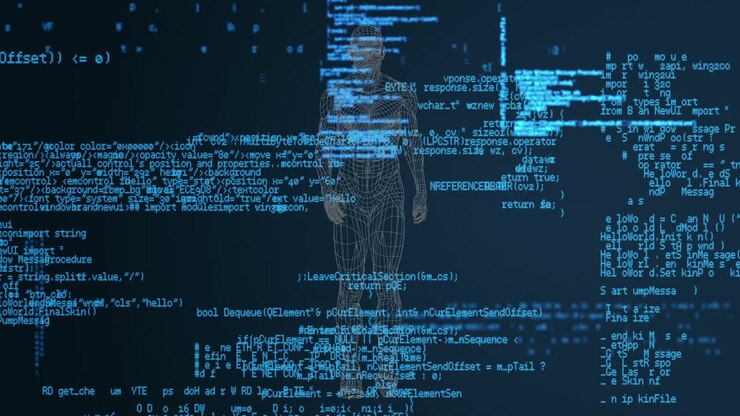 Animation of human body model over data processing in blue and black space