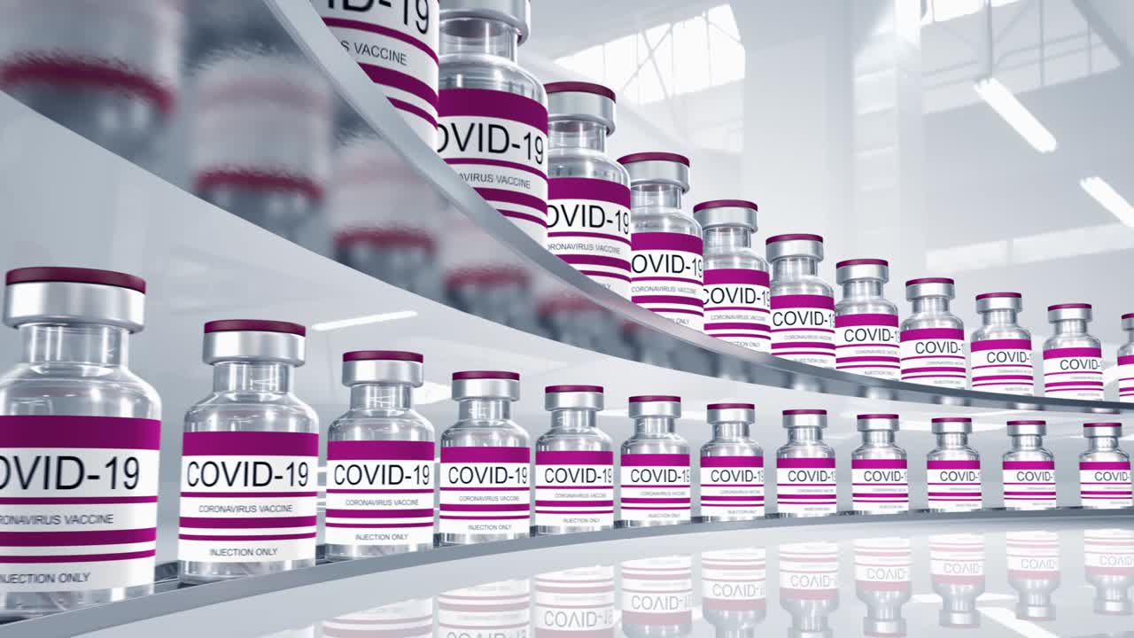 botellas rojas de la vacuna contra el coronavirus covid-19. viales de vidrio con la vacuna sars-cov-2. bucle sin costuras render 3d para edición de video, bucle para edición de vídeo, bucle