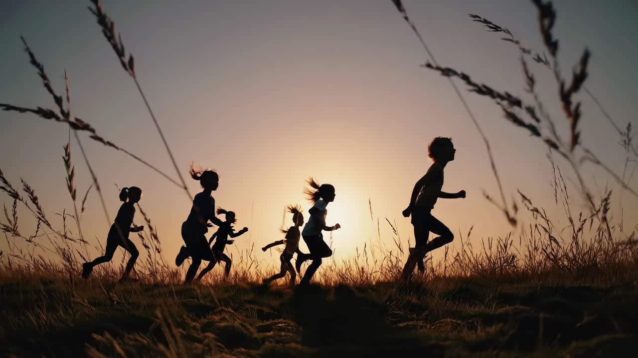 夕焼けの野原を駆け抜ける子供たちのシルエットを、ローアングルから捉えた写真。