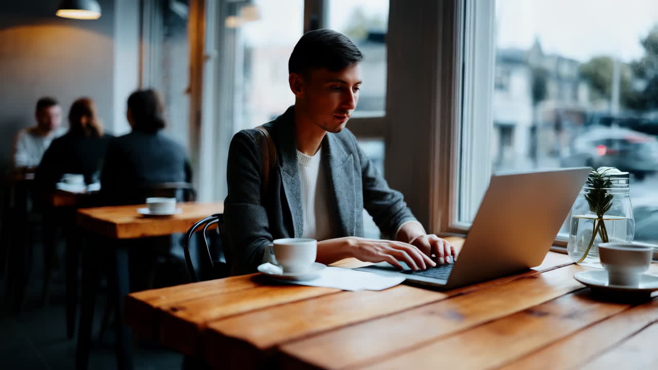 Man working on laptop in a cafe