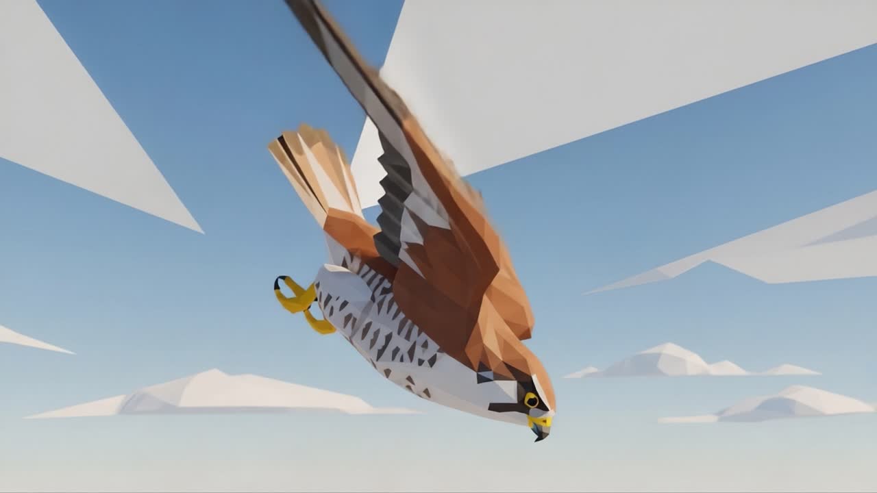 A Digital Art Representation of a Majestic Falcon in Flight, Showcasing Detailed Geometric Patterns and Vibrant Colors Against a Clear Sky Backdrop