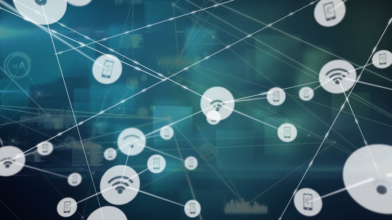 Animation af netværk af digitale ikoner og databehandling mod firkantede former på blå baggrund