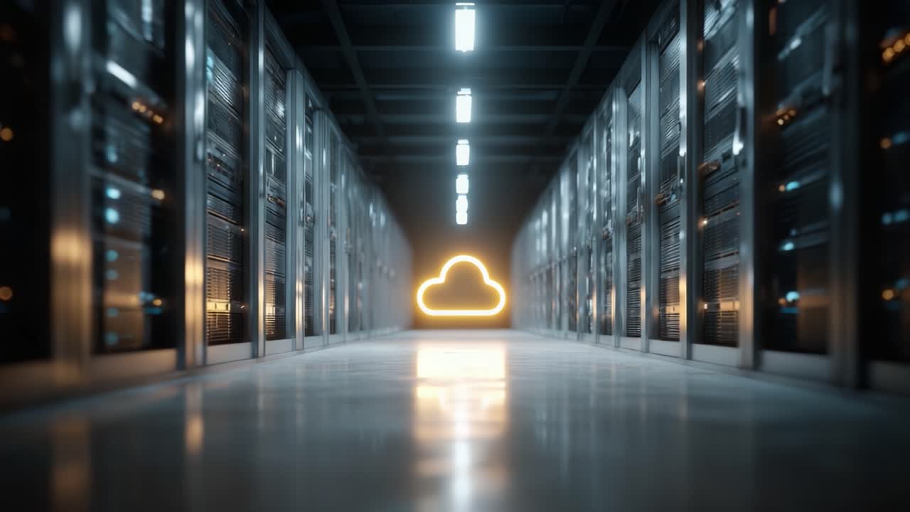 Modern Data Center with Cloud Symbol: A Glimpse into Cutting-Edge Infrastructure for Cloud Computing and Data Management Solutions