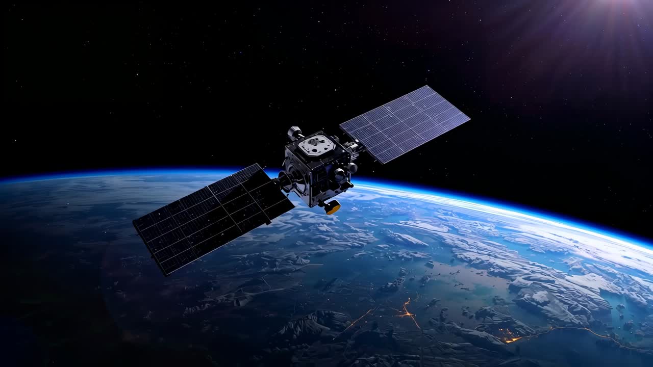 Satélite de órbita ajustando la posición de paneles solares gemelos, siguiendo el sol sobre el planeta, llamarada