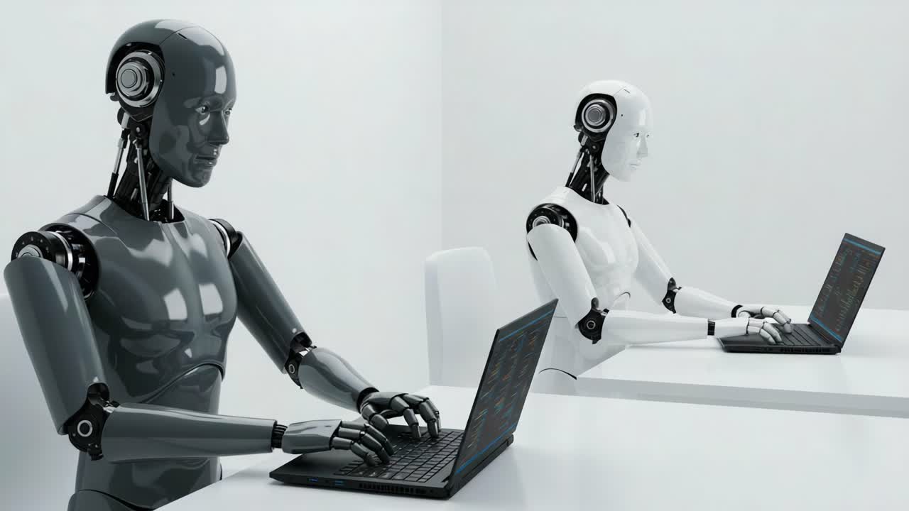 Two humanoid robots, one black and one white, engaged in synchronized work on laptops in a minimalist, modern workspace, highlighting advanced technology and artificial intelligence
