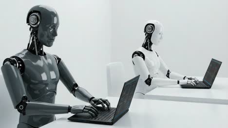 two humanoid robots, one black and one white, engaged in synchronized work on laptops in a minimalist, modern workspace, highlighting advanced technology and artificial intelligence