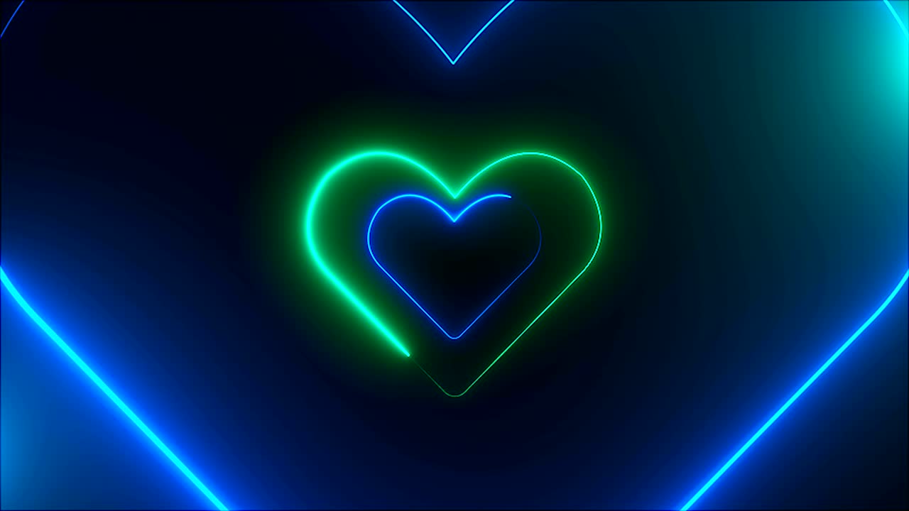 공간에서 많은 네온 심장 모양, 추상적인 컴퓨터 생성 배경, 3d 렌더링 배경