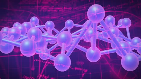 animación de estructuras moleculares y procesamiento de datos contra un fondo púrpura