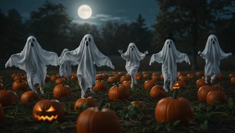 a spooky night scene featuring ghostly figures in white costumes dancing among carved pumpkins under a full moon in a hauntingly atmospheric pumpkin patch
