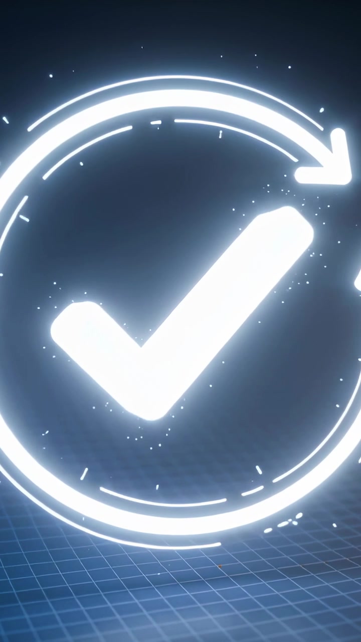 Vertical video: Pulsing glowing check in circular arrow turning on grid floor on tap confirming OK