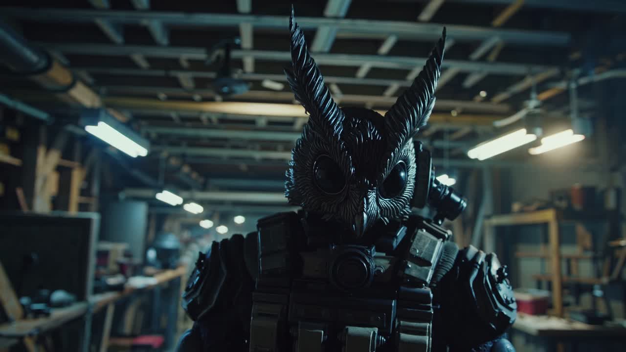 창고에서 부이 마스크를 입은 군인