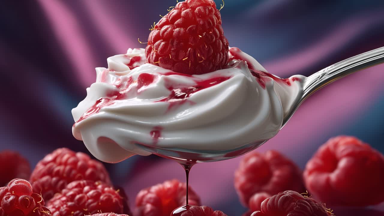 Fresh Raspberry and Whipped Cream Dripping from a Spoon