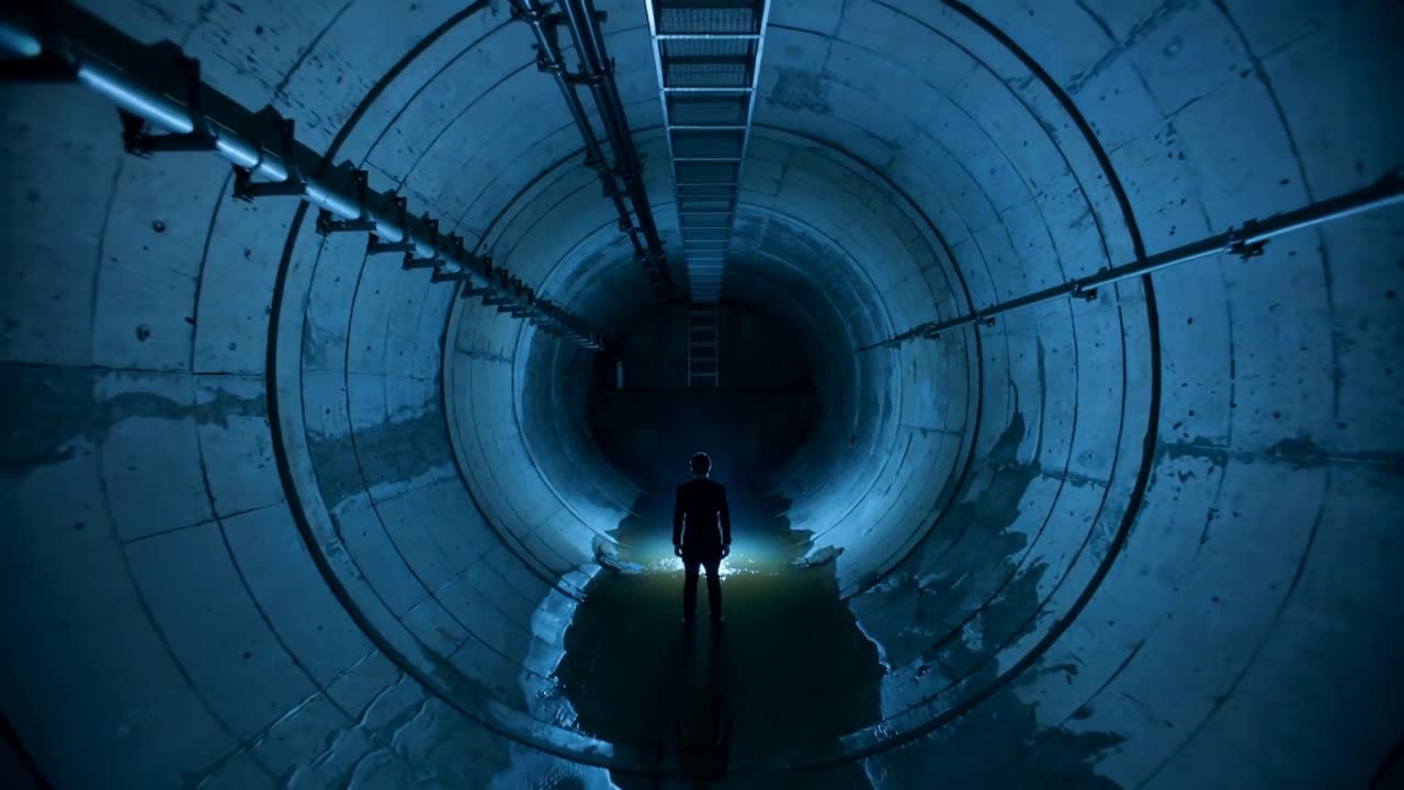 Iluminação contraluz, homem de jaqueta escura andando, parado em túnel de concreto com escada e água