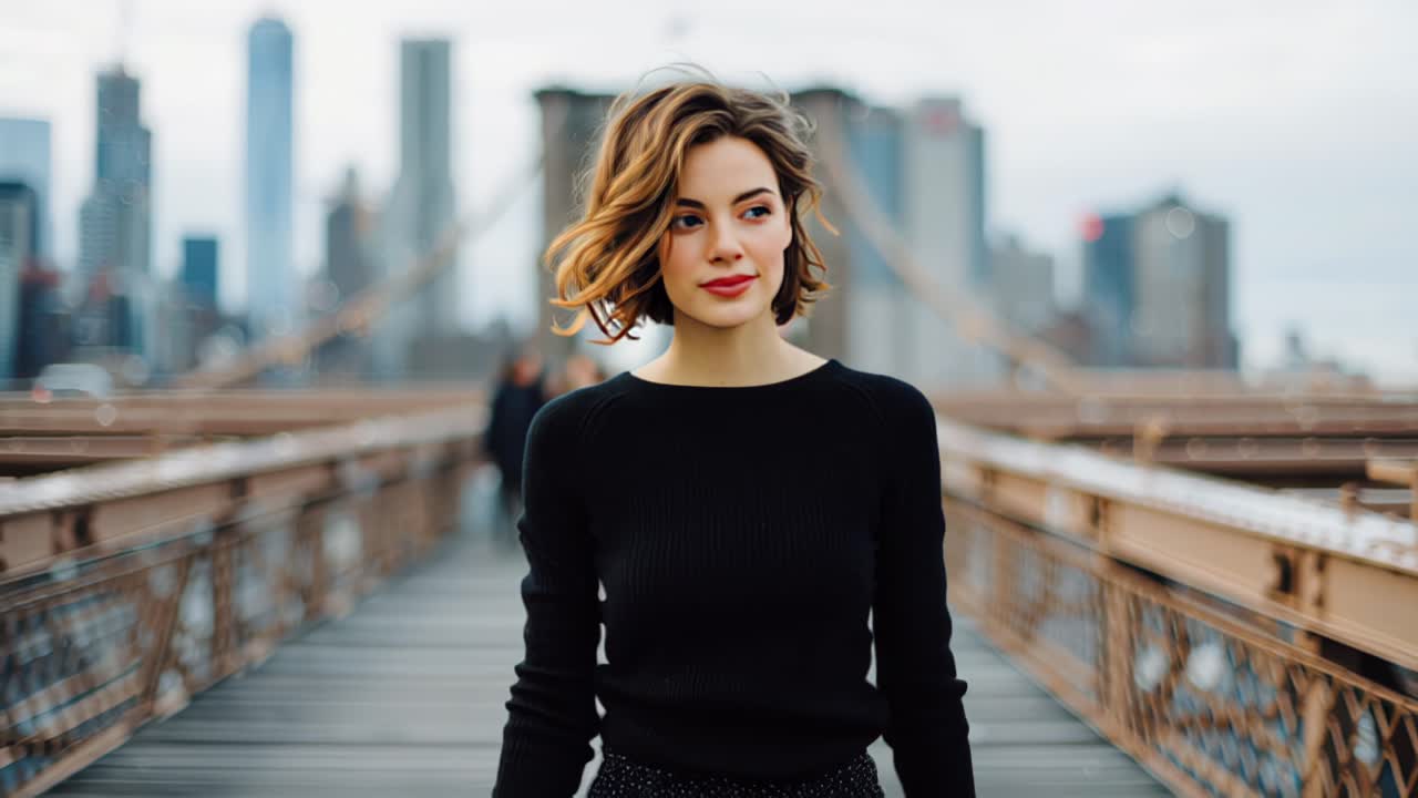 Riprese cinematografiche di una giovane donna elegante che cammina sul Ponte di Brooklyn, New York City, con lo skyline di Manhattan dietro di lei, profondità di campo ridotta e atmosfera di viaggio urbano.