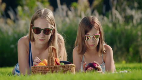 dos amigos en un picnic, cerca de ellos una canasta de verduras frescas