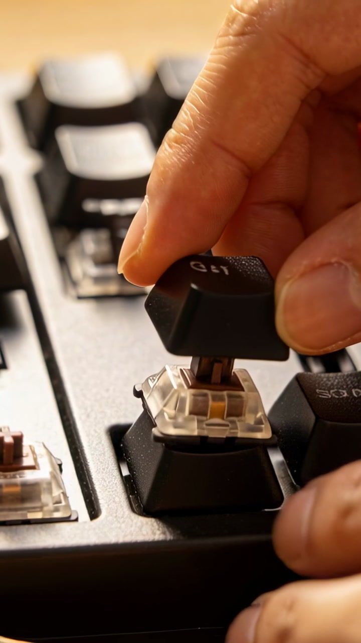 Vertical video: Hands lifting tray flap, picking keycap and installing onto tech switch for repair