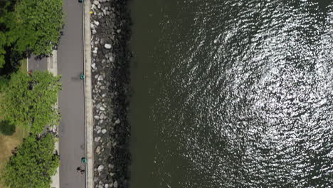 a top down shot over the stoney shores of lower new york bay near shore parkway in brooklyn