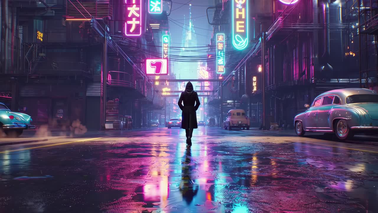 Cyberpunk street scene with neon lights, low-angle view, ideal for a futuristic video