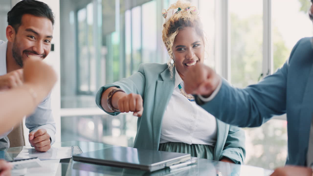 Success, fist and business people huddle