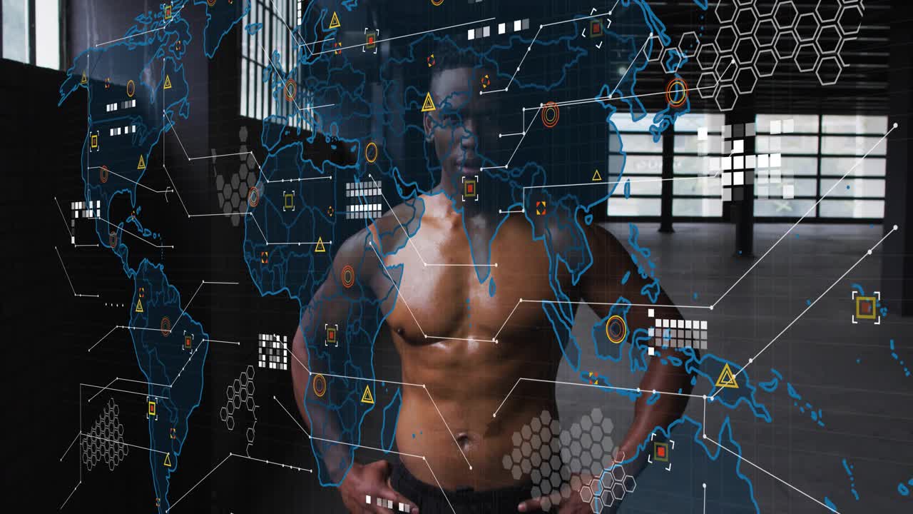 Atleta maschile in piedi in studio, overlay HUD che si avvia e scansiona il busto usando una mappa del mondo per il fitness