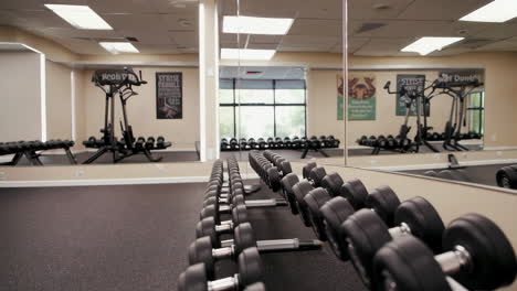 gym with dumbbells and mirrors