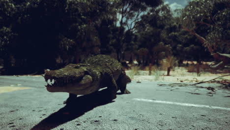un cocodrilo caminando por un camino desierto rodeado de árboles a la luz del día