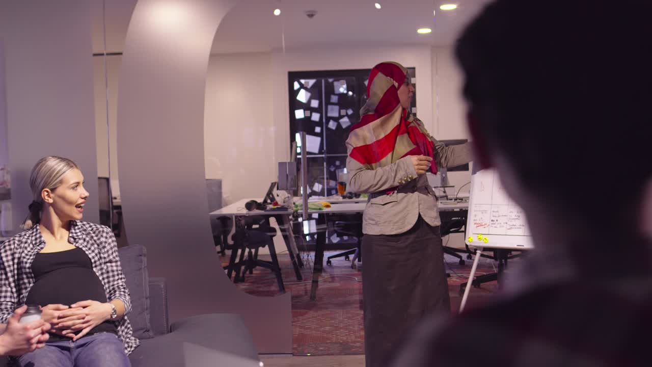 현대적인 오픈 스페이스 코워킹 사무실에서 프레젠테이션을 하는 무슬림 여성, 크리에이티브 스타트업 사무실에서 중동 아랍 사업가, 팀 회의에서 체어에 앉은 장애인 사업가