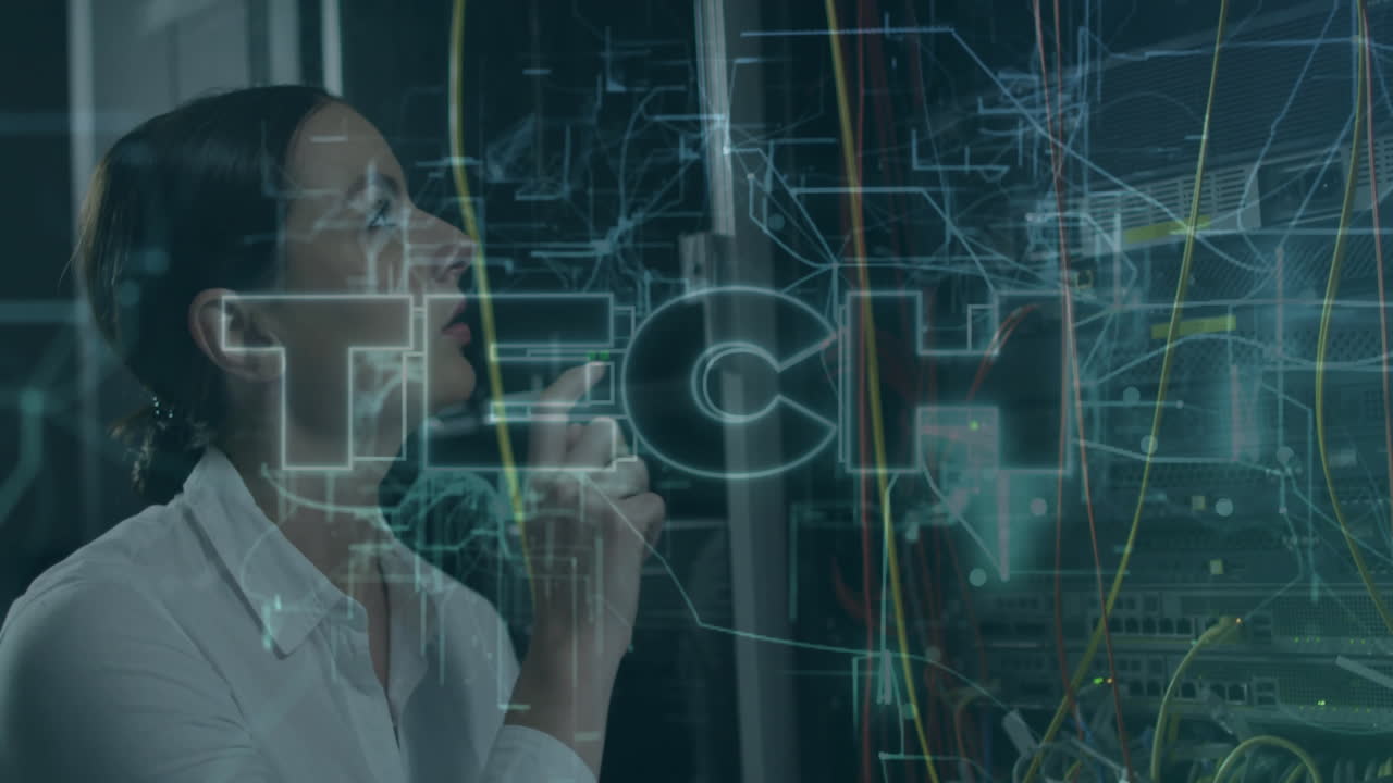 Contemplating animation, person analyzing digital tech graphics and network connections