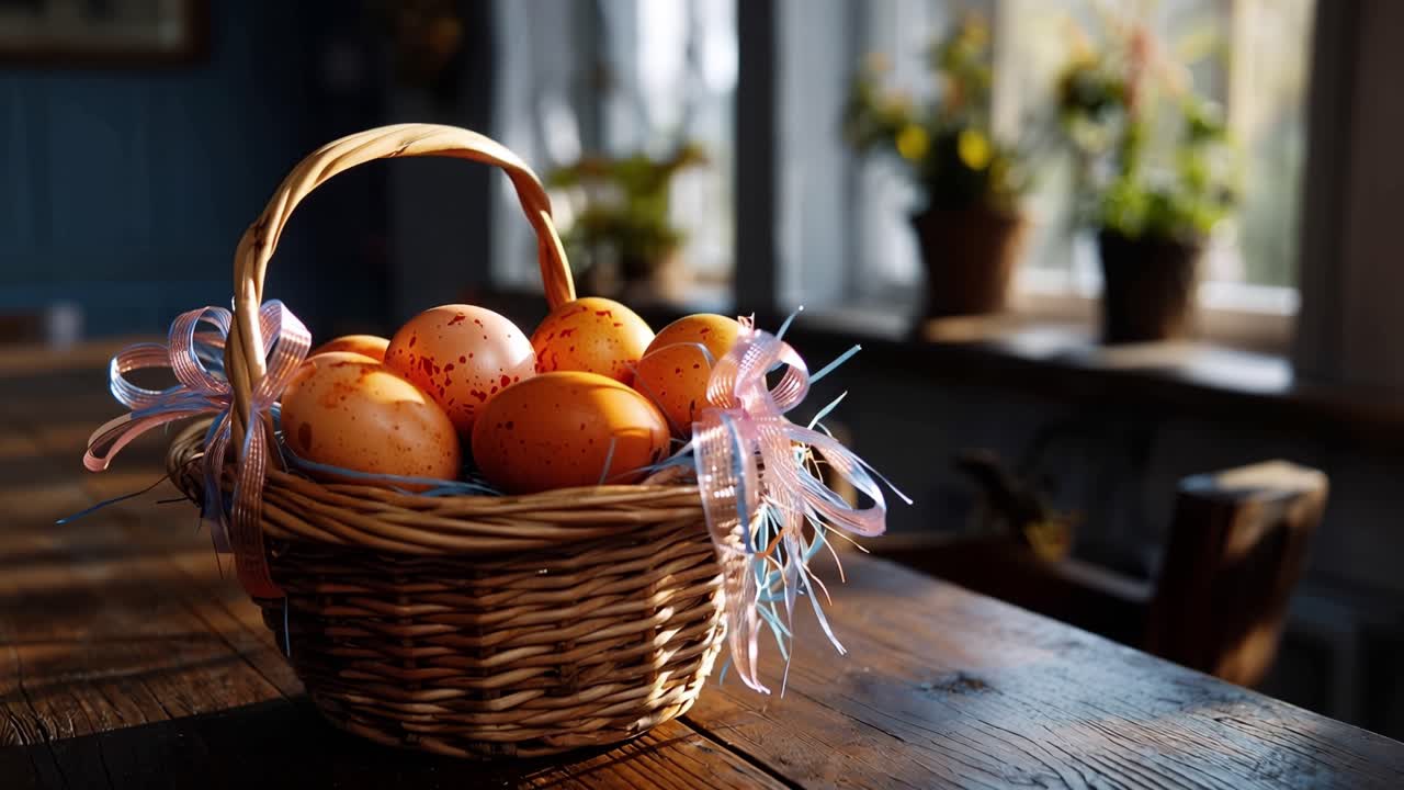 La calda luce del sole illumina un cesto di uova fresche e maculate. Il cesto intrecciato poggia su un tavolo di legno rustico. Un morbido nastro rosa decora il bordo del cesto. Lo sfondo mostra piante in vaso e un davanzale.