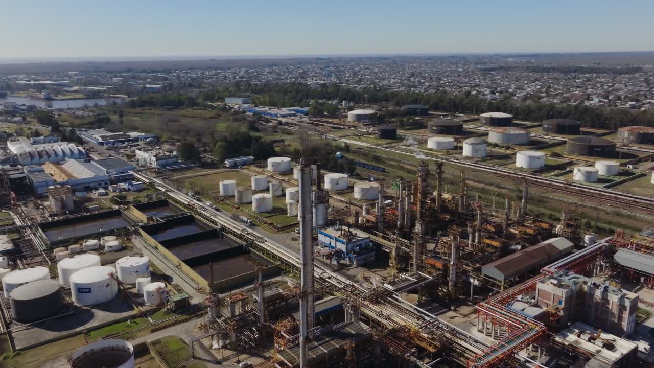 Aerial view oil and gas processing Vaca Muerta Argentina industry landscape