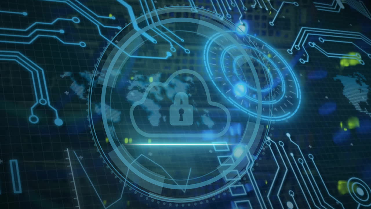 Animation of computer circuit board and scope scanning over cyber security with padlock icon