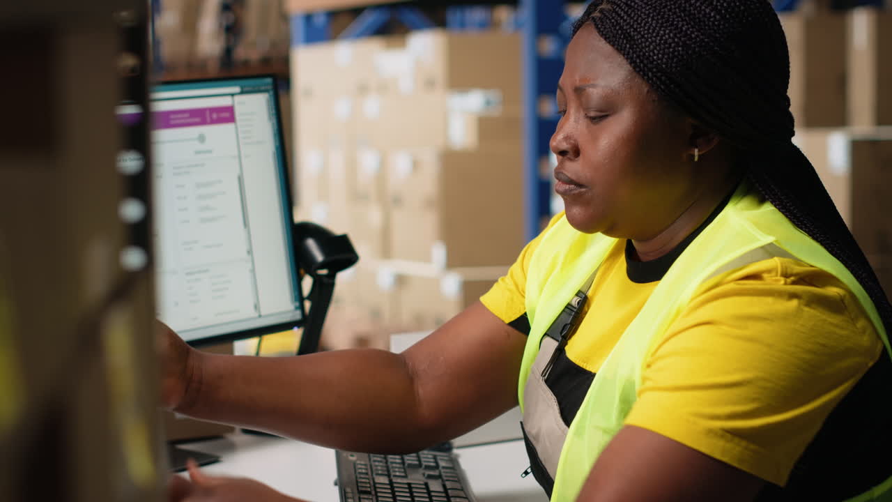 African american woman printing and applying airway bill tags on boxes