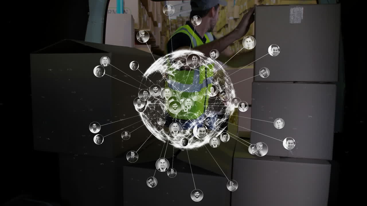 глобальная сеть соединений анимация над складским работником обработки ящиков