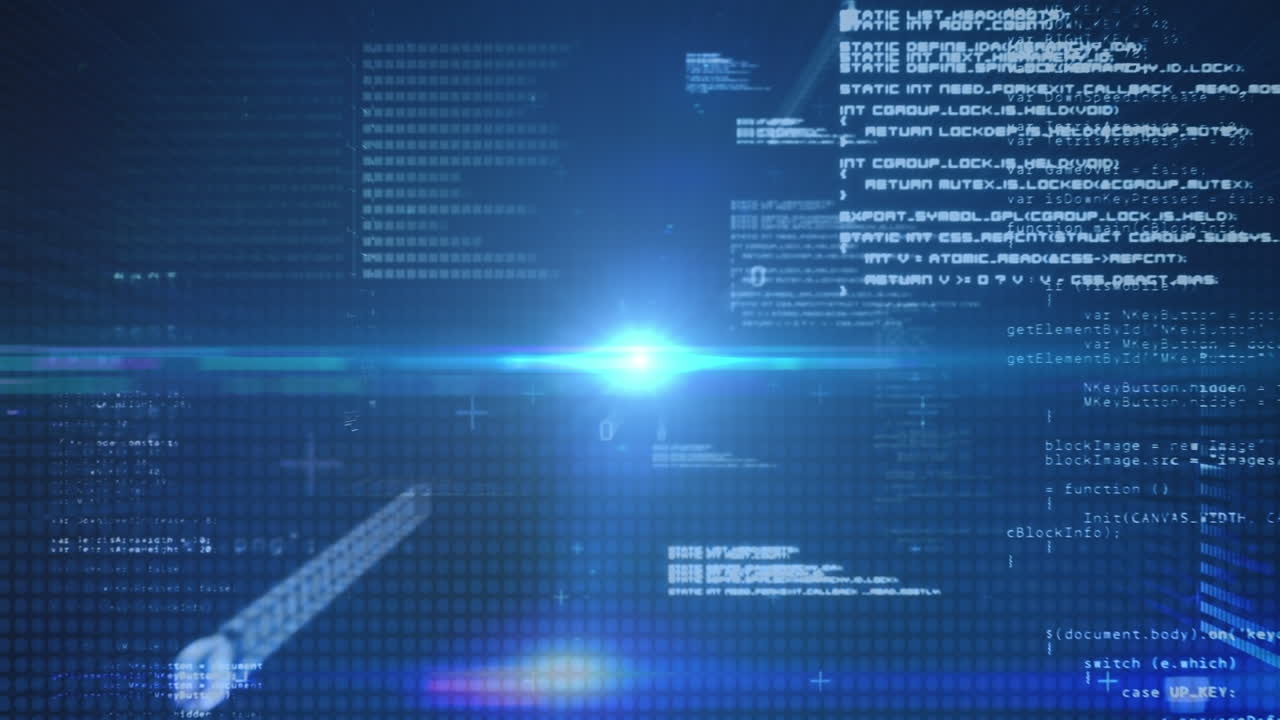 Animation of blue glowing light over layers of data processing on black background