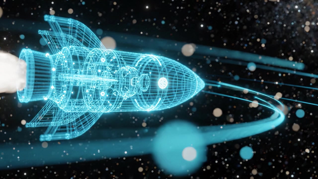 Futuristic spaceship rendered in holographic style navigating through a cosmic environment filled with stars and particles, showcasing advanced technology in space exploration.