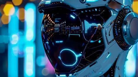 un robot con un casco futurista en frente de una ciudad por la noche