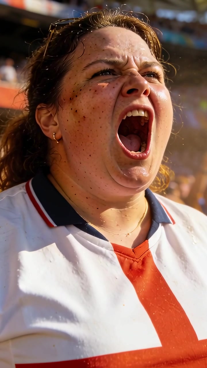 Vertical video: Shouting woman fan reacting to play on field, wearing white jersey and sunglasses