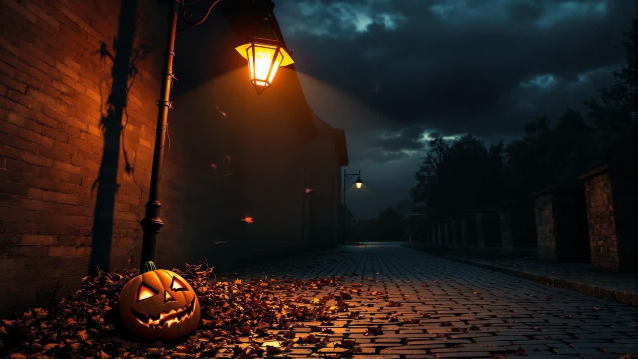 Jack-o'-lantern illuminated by streetlight amidst swirling autumn leaves in a moody night scene