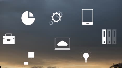 animation of multiple icons over modern cityscape against cloudy sky