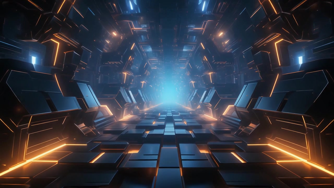 Futuristic Sci-Fi Tunnel with Glowing Orange and Blue Lights