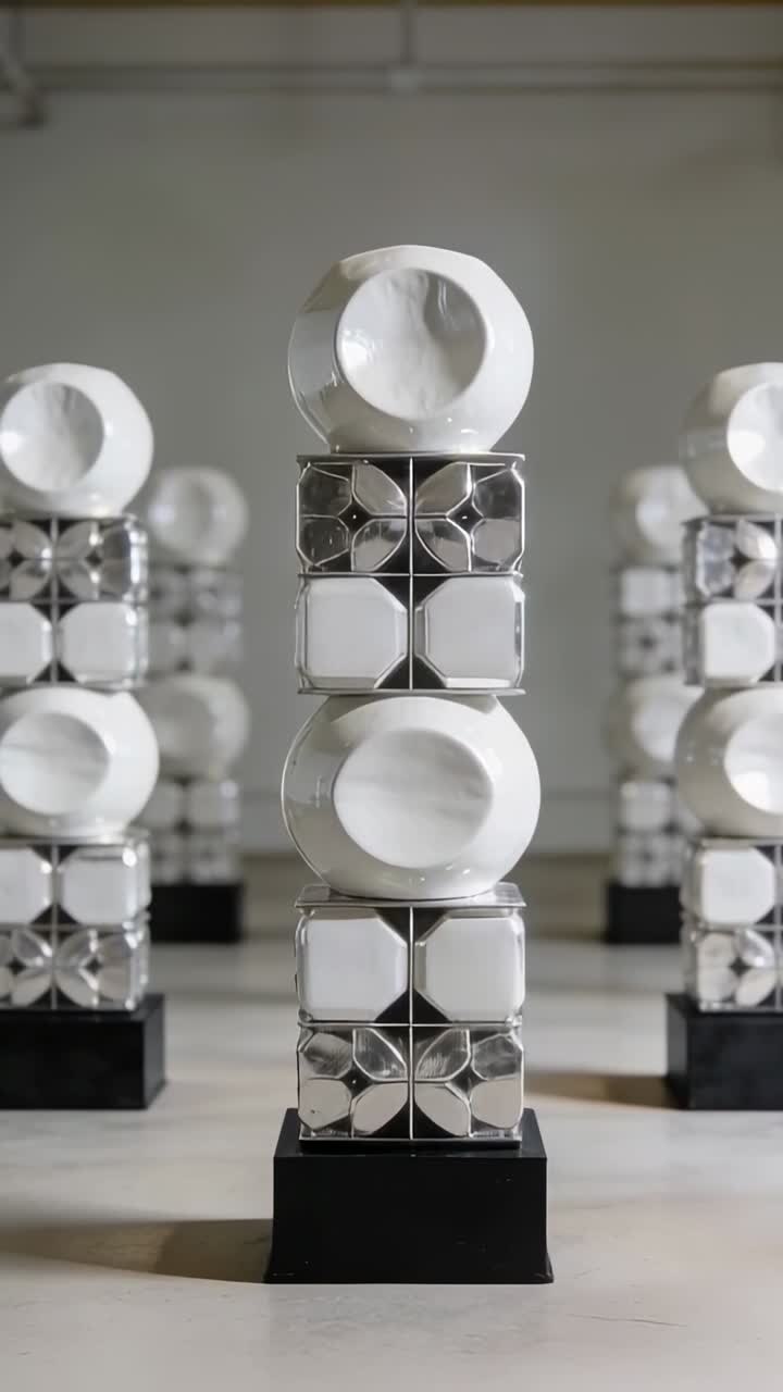 Vertical video: Moving camera framing center column in studio, revealing metal sheen to show detail