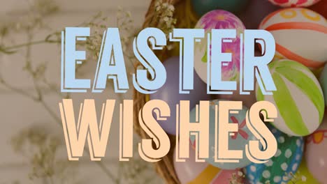 Animation-of-easter-wishes-text-over-multi-coloured-easter-eggs-in-basket